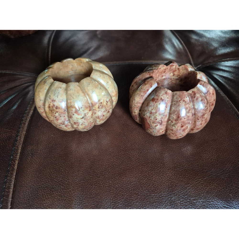 Crate & Barrel Stone Pumpkin Tealight Holders Set of 3 Neutral Fall Home Decor - Picture 4 of 6
